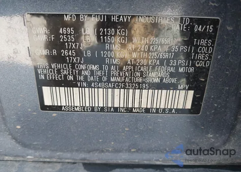 2015 Subaru Outback 2.5I Premium из США, поврежденный, VIN 4S4BSAFC2F3325195